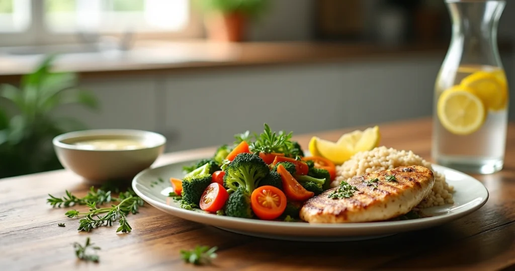 Prato colorido com almoço fitness preparado em 30 minutos, incluindo legumes frescos, arroz integral e peito de frango grelhado