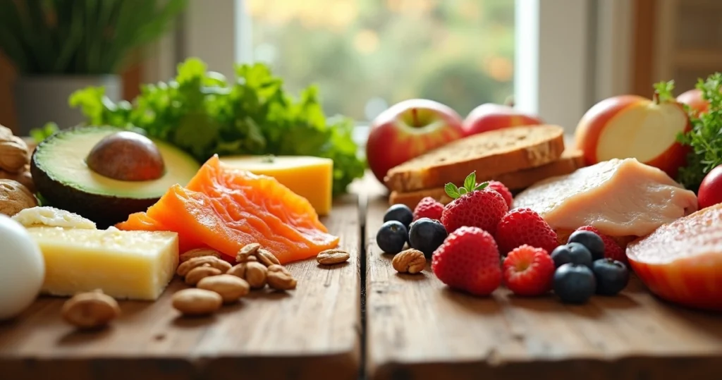 Alimentos típicos da dieta cetogênica e low carb dispostos lado a lado sobre mesa de madeira