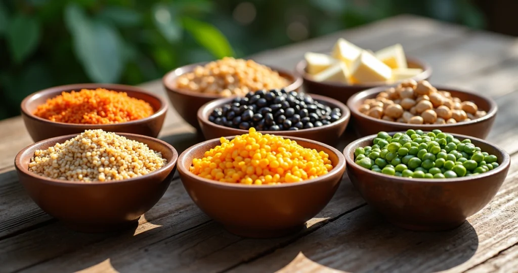 Diversas fontes de proteína vegetal em tigelas sobre mesa de madeira clara