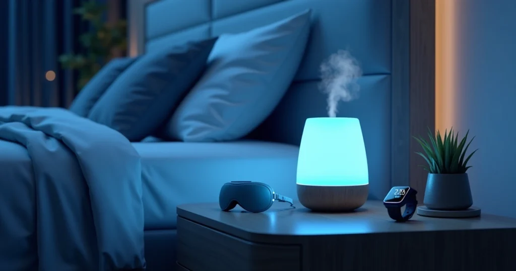 Quarto moderno à noite com gadgets tecnológicos para melhorar o sono sobre a mesa ao lado da cama