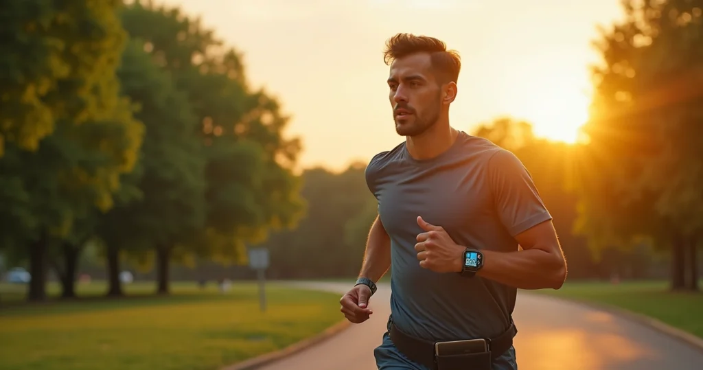 Homem usando relógio inteligente e fones durante treino ao ar livre