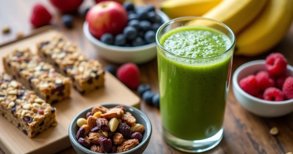 Mesa com vários lanches saudáveis pré-treino, incluindo frutas, barrinhas de cereais, castanhas e um copo de smoothie verde