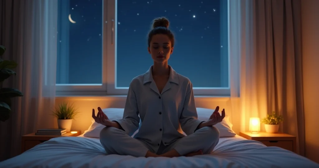 Pessoa meditando calmamente em quarto escuro, luz suave, ambiente relaxante para sono
