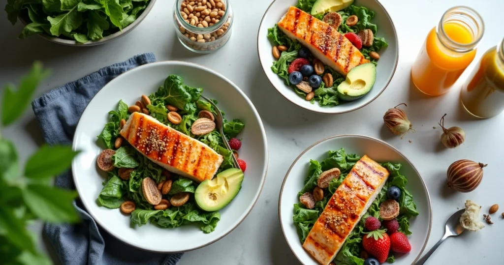 Vários pratos fitness coloridos e saudáveis, com saladas, proteínas grelhadas e smoothies em bancada de cozinha moderna