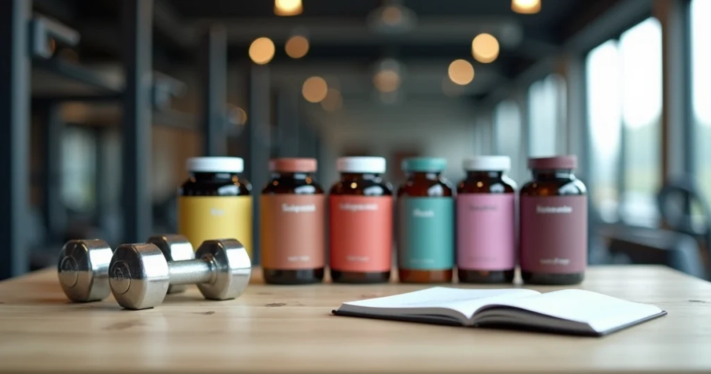 Frascos de suplementos para musculação com rótulos borrados em mesa de madeira clara, ao lado de halteres prateados e caderno aberto com anotações de treino, fundo desfocado de academia moderna