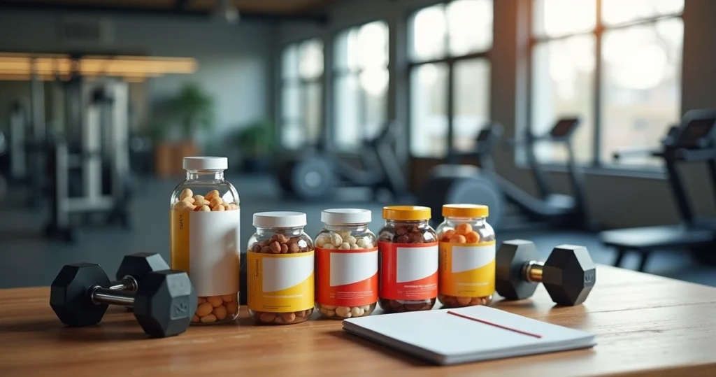 Diversos suplementos nutricionais em potes coloridos ao lado de halteres e garrafa de água sobre mesa de madeira em ambiente de academia