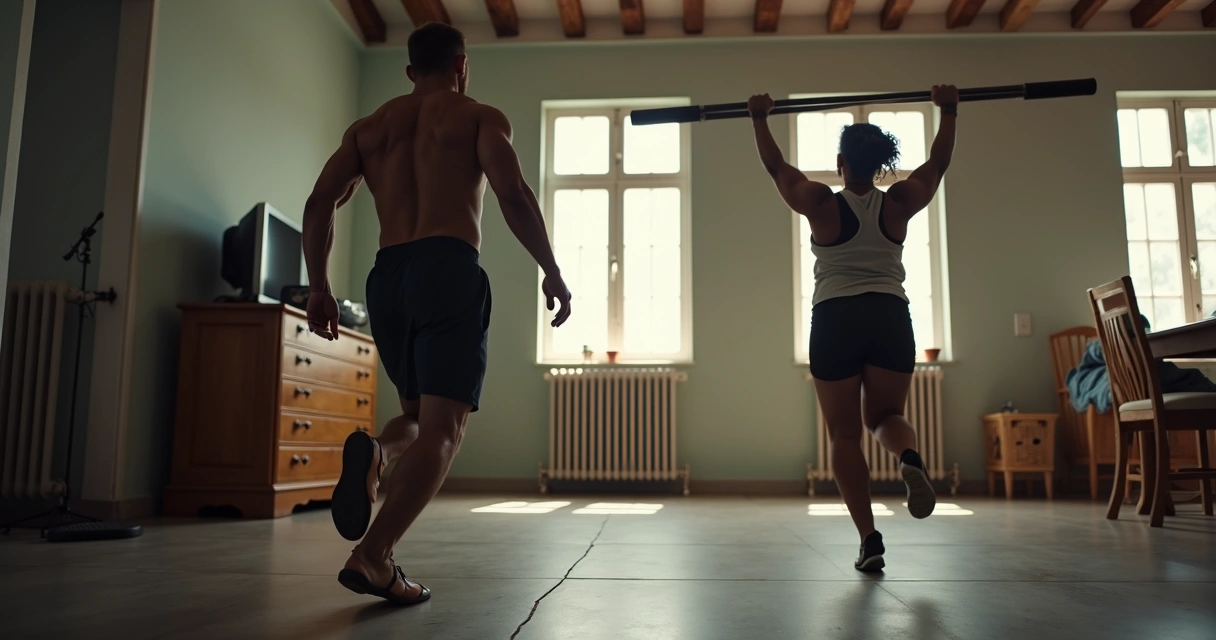 Pessoa treinando com halteres em casa e outra pessoa levantando barra na academia