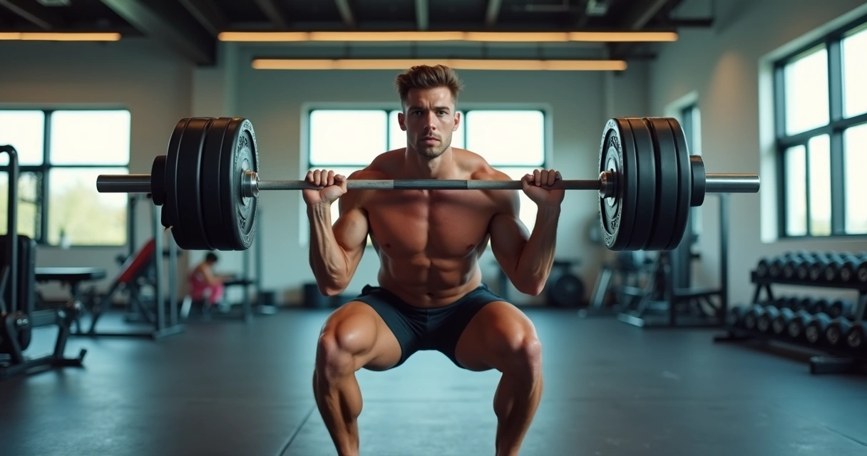 Pessoa levantando peso livre com barra em academia bem iluminada com equipamentos modernos ao fundo