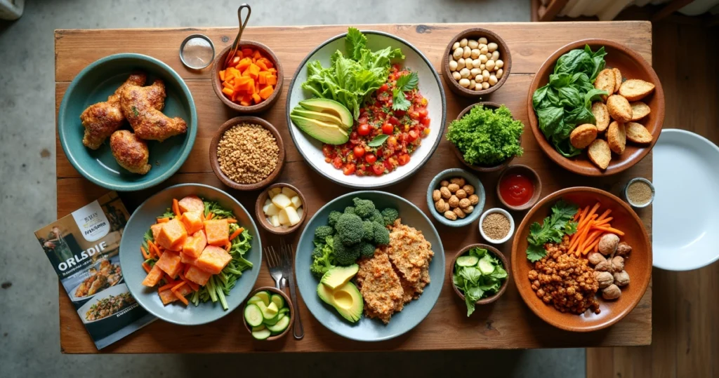 Mesa com diferentes pratos saudáveis representando tipos de dietas variadas e cardápios equilibrados