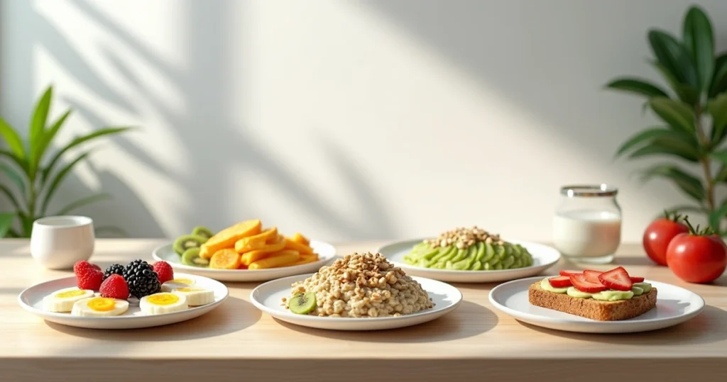 Mesa com cinco pratos diferentes de café da manhã fitness variados e coloridos, preparados e prontos para servir, incluindo frutas frescas, ovos, aveia e nuts, em ambiente de cozinha bem iluminada com fundo branco e detalhes em madeira clara