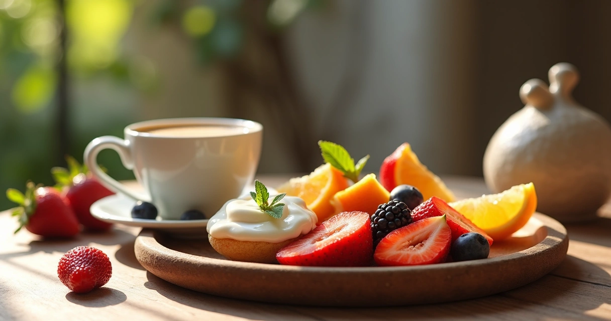 Mesa com café da manhã saudável composto por frutas, aveia, iogurte e café