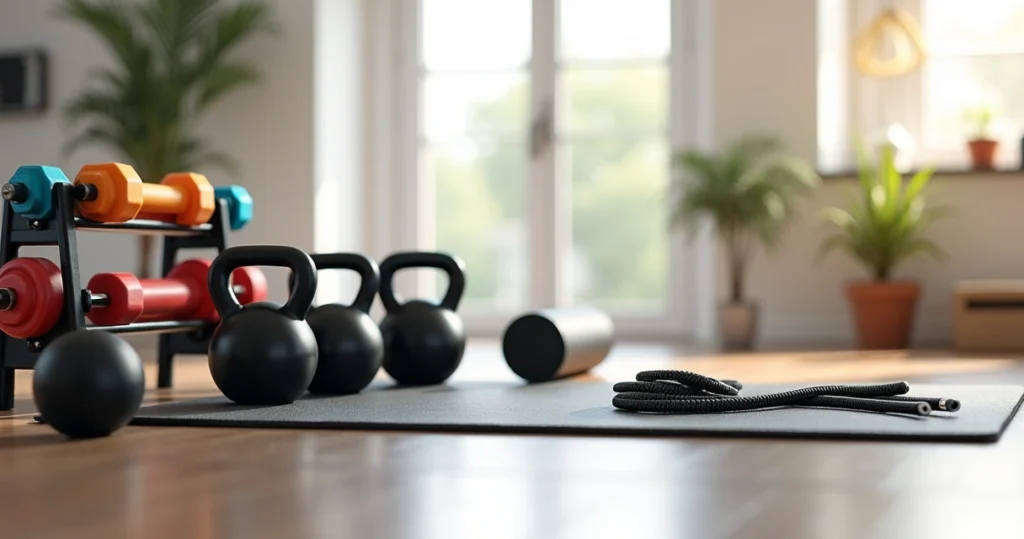 Equipamentos de academia em casa organizados em um espaço moderno com halteres, kettlebells, corda para pular e colchonete