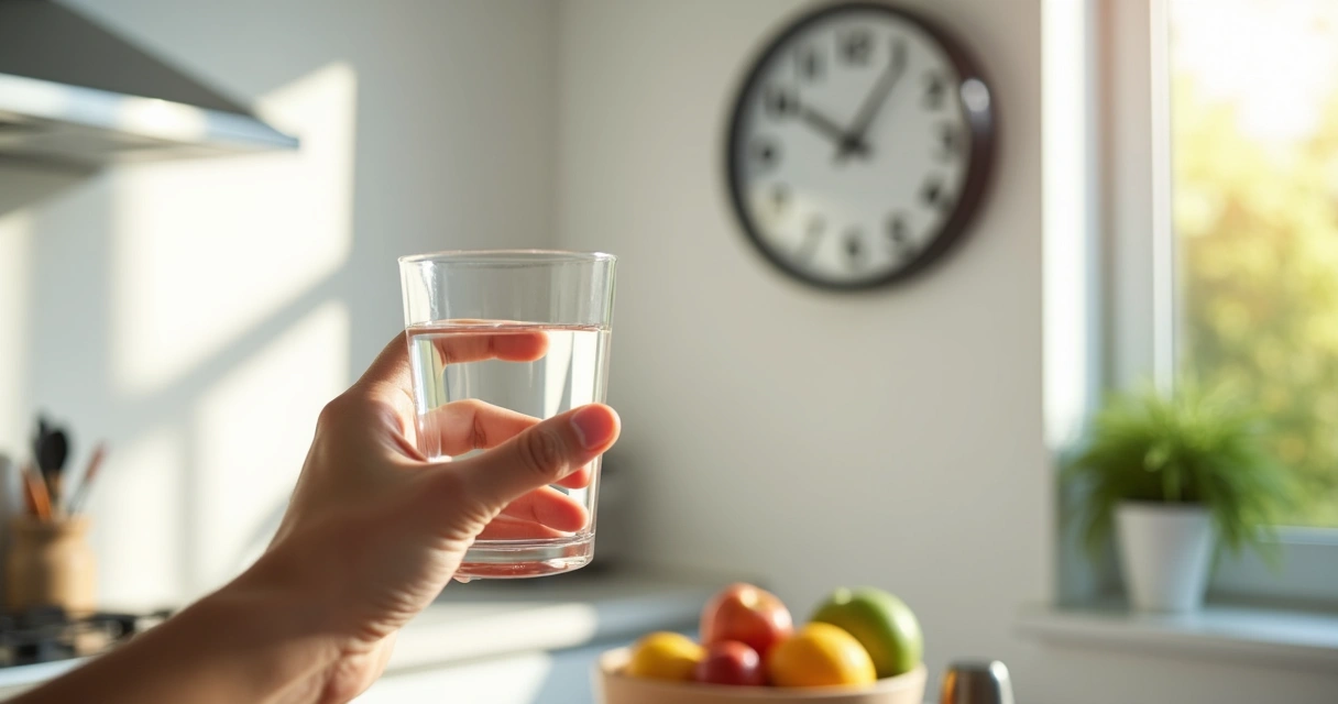 Pessoa segurando um copo de água em um ambiente claro, com relógio mostrando horário de jejum