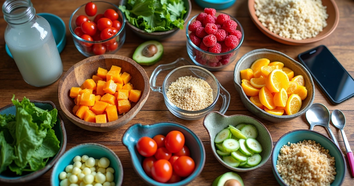 Mesa com várias refeições saudáveis organizadas em potes e pratos, com frutas, vegetais e grãos integrais