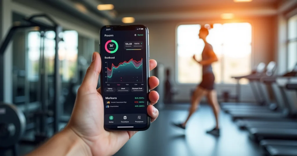 Smartphone exibindo aplicativo de biometria esportiva com gráficos de evolução de treino e dados vitais do atleta