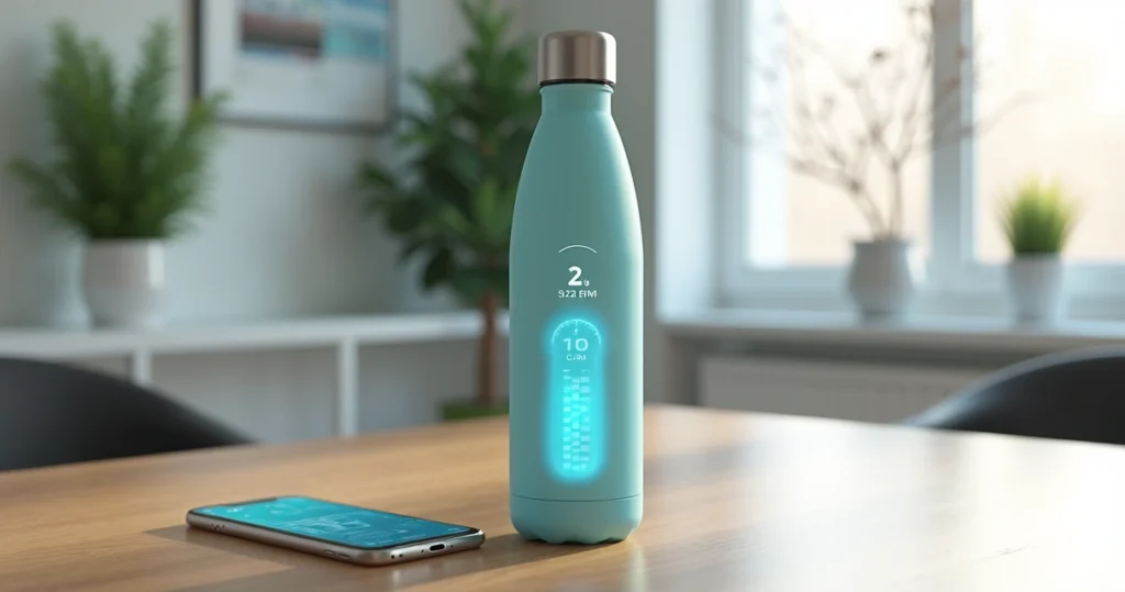 Garrafa inteligente com display digital mostrando nível de hidratação em mesa de escritório moderna