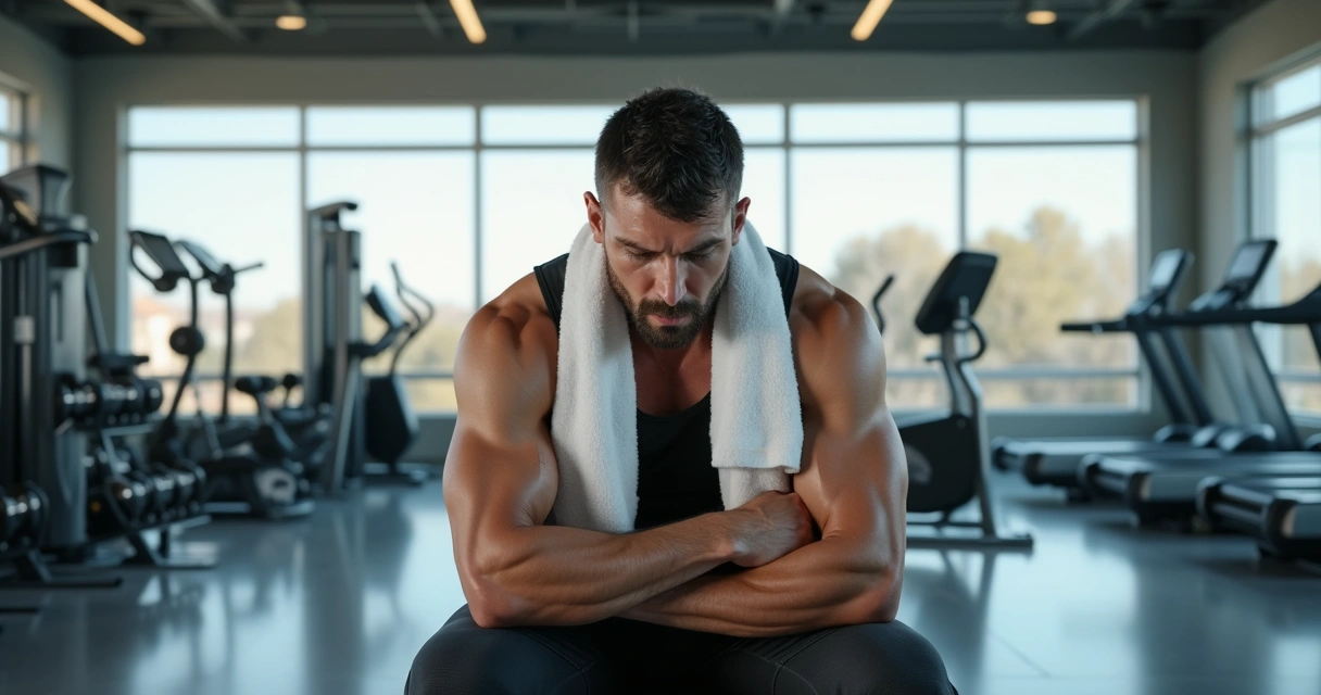 Homem suado e exausto sentado em academia após treino intenso