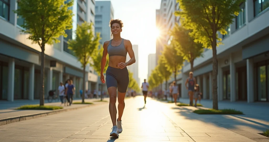 Pessoa caminhando em calçada urbana durante o dia com roupas esportivas