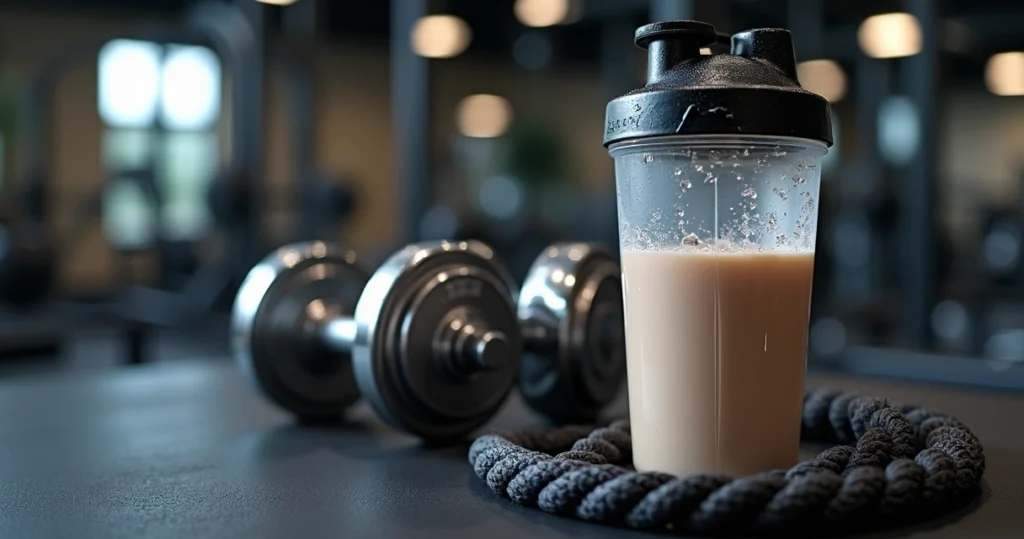 Garrafa de suplemento ao lado de pesos de academia em superfície preta