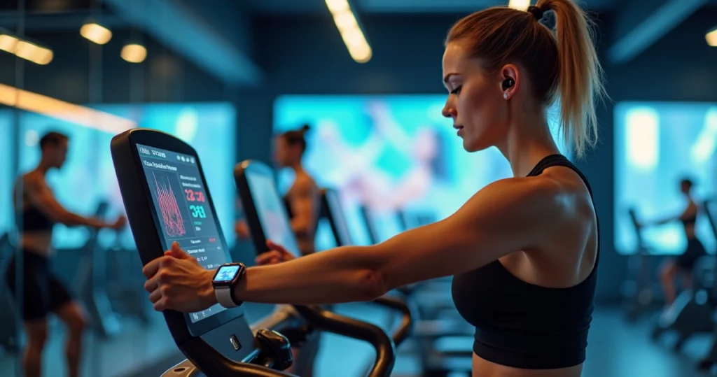 Pessoa usando dispositivos vestíveis tecnológicos durante treino físico em academia moderna