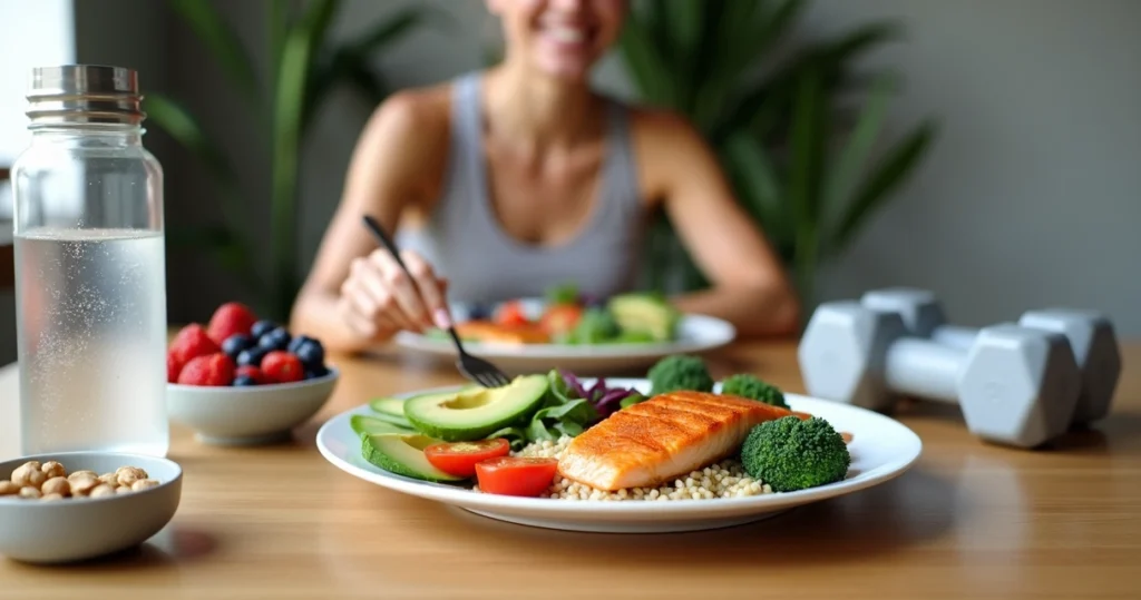 Mesa com refeição saudável equilibrada ao lado de halteres e garrafa de água