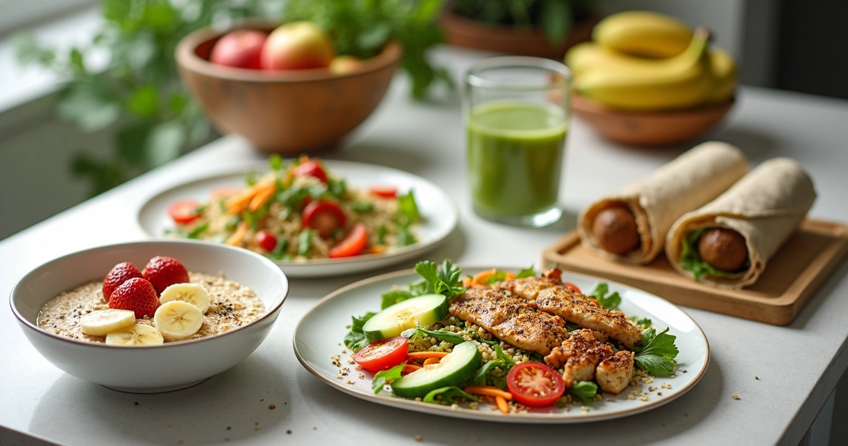 Mesa com pratos fitness coloridos para café da manhã, almoço e lanches