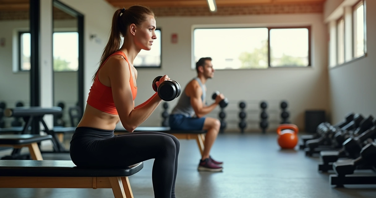 Pessoa treinando força e equilíbrio em treino curto na academia