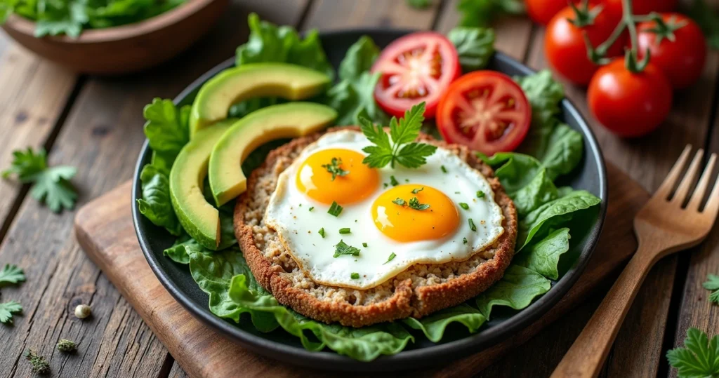 Prato colorido com alimentos low carb incluindo ovos, abacate, tomate e folhas verdes dispostos sobre mesa de madeira